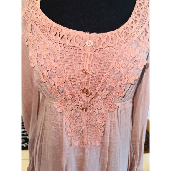 Anthropologie Blue Bird Boho Peasant Babydoll Crochet Lace M Cottage Dusty Rose - Picture 14 of 15